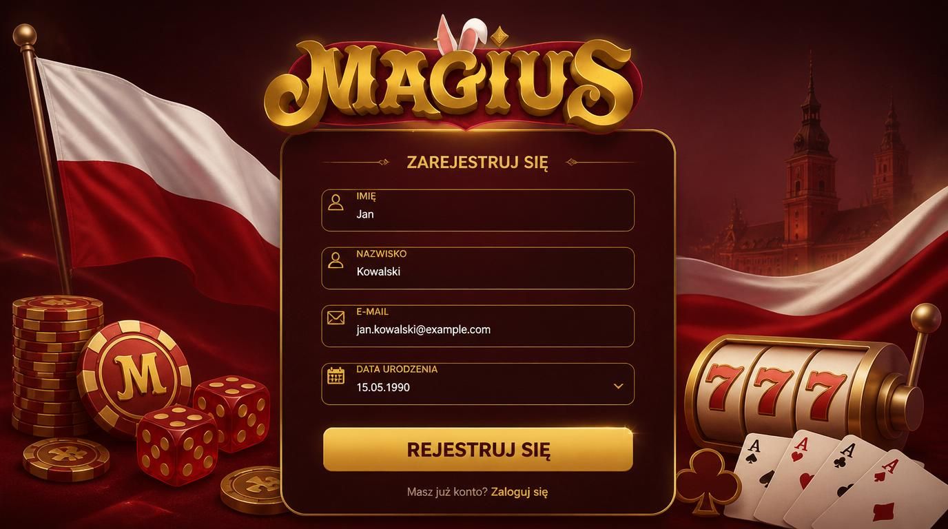 Interfejs rejestracji w Magius Casino z formularzem podstawowych danych.