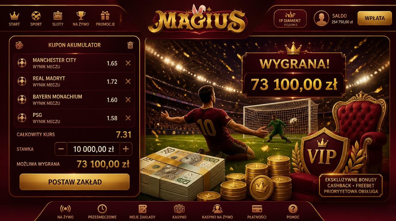 Kupon typu akumulator z kilkoma wydarzeniami sportowymi przedstawiony elegancko w stylu VIP.