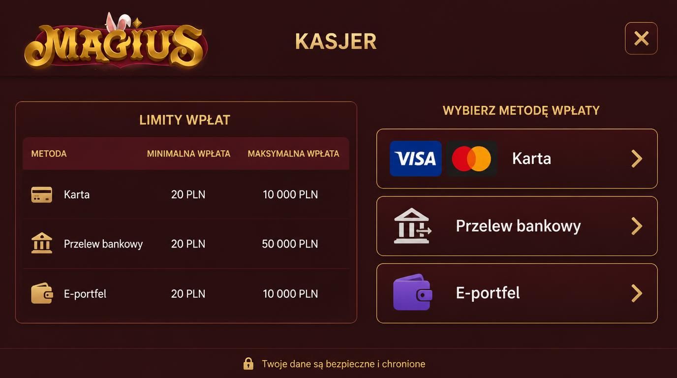 Minimalna i maksymalna wpłata w Magius Casino. Widok różnych metod płatności z tabelą limitów.