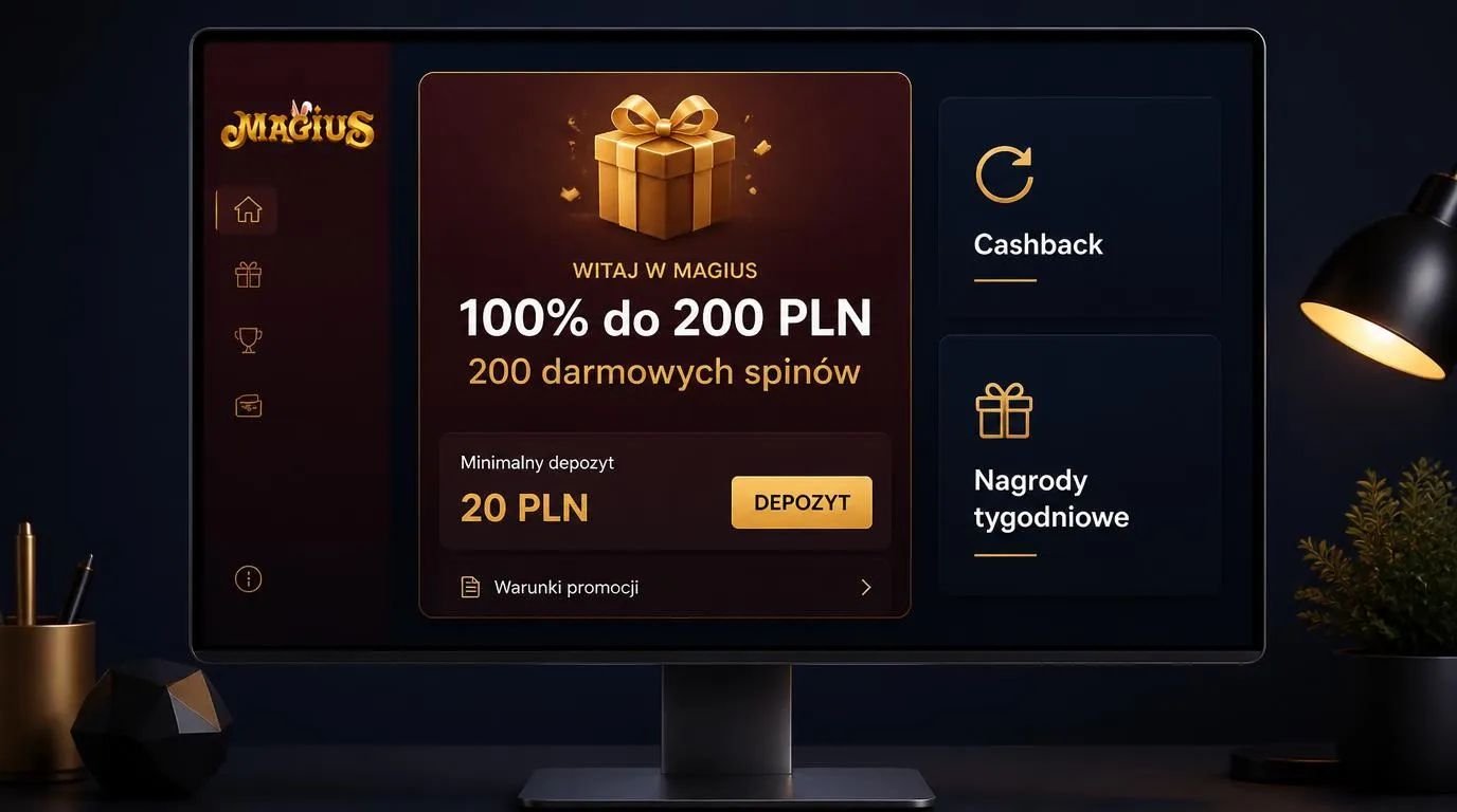 Panel bonusu powitalnego z ofertą 100% do 200 PLN, 200 darmowymi spinami i minimalnym depozytem 20 PLN
