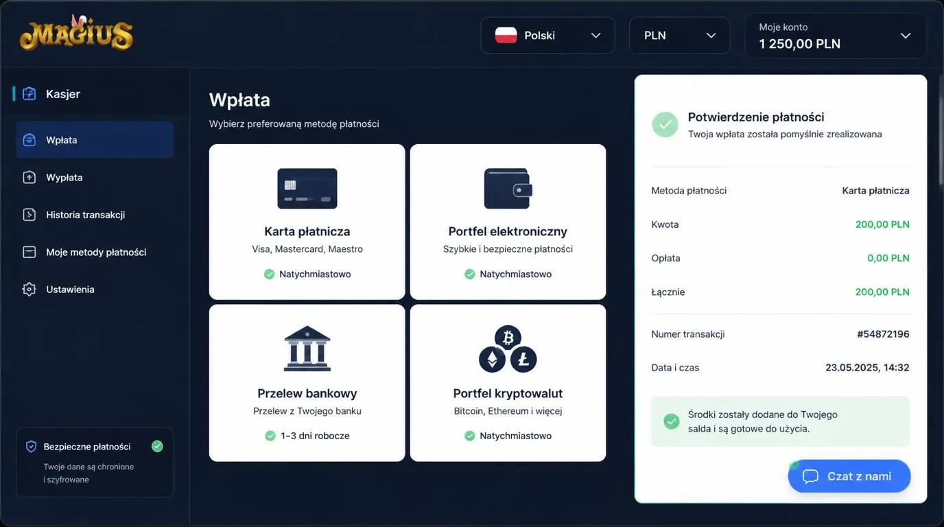 Panel kasy w języku polskim z walutą PLN, wyborem płatności i aktywnym czatem obsługi